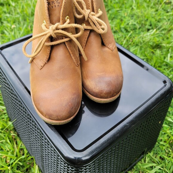 Sperry Boots Womens 8.5M Harlow Burnished Wedge Ankle Bootie Brown Leather Heels - Picture 2 of 7